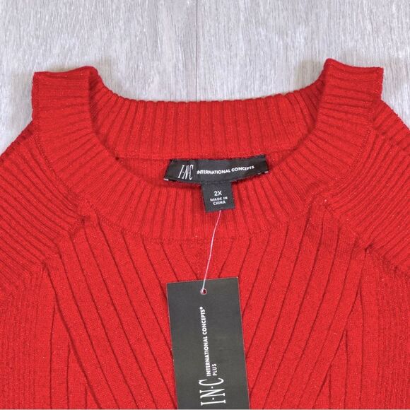 INC International Concept Women's Plus Size Cold Shoulder Red Long Sleeve Top 2X - Picture 3 of 7